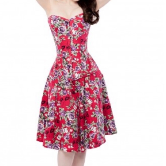 RED FLORAL CORSET DRESS WITH SKIRT & CORSET - Picture 2 of 5